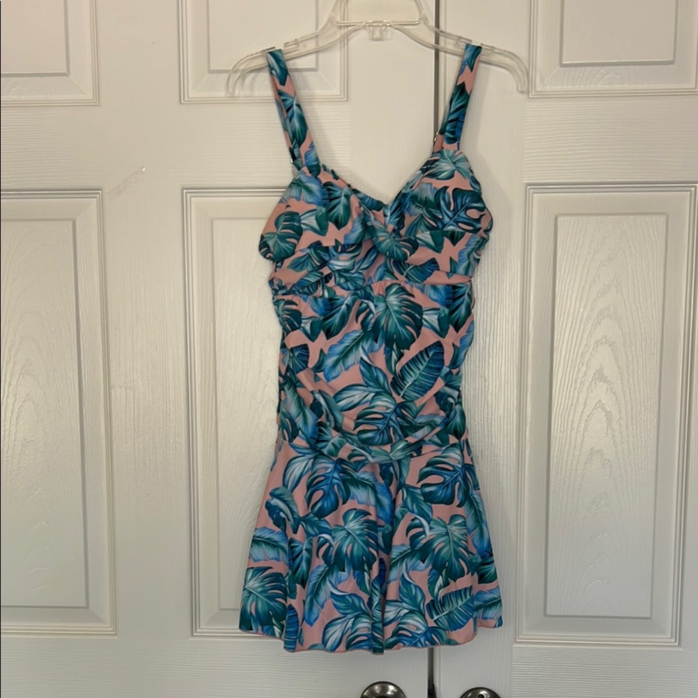 Tropical Blue & Pink One Piece Swimsuit with Skirted Bottom Built in Bra & Short